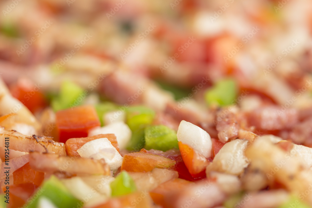 Vegetables slices and bacon food close up