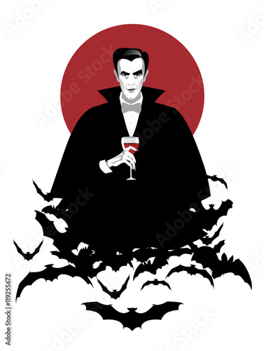 Dracula. Elegant vampire on a cloud of bats holding a wineglass.