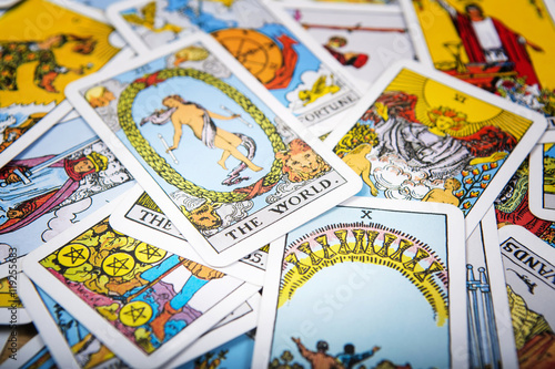 Quadro em tela Tarot cards mystical old  background. Senior card world.