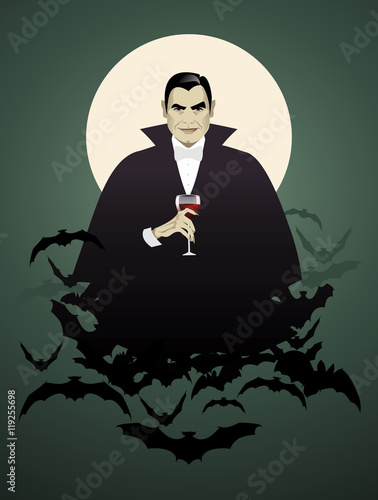 Dracula. Elegant vampire on a cloud of bats holding a wineglass.