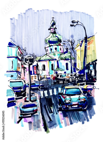 original marker urban sketch on paper of Kyiv Podol landscape 