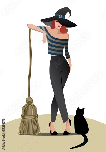 Glamorous witch. Magic broom & black cat
