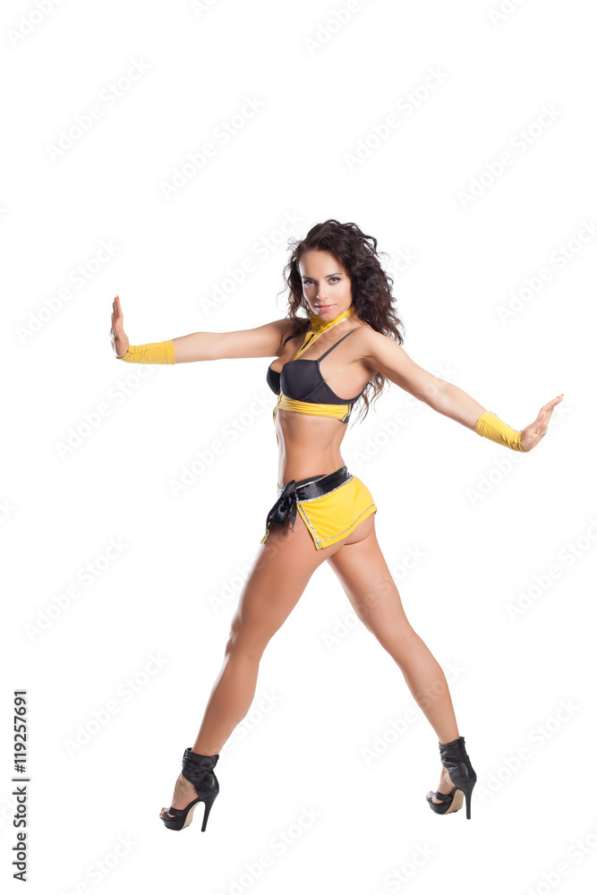 Go Go dancer isolated on white. beautiful model in a sport dancing suit Go Go dancer isolated on white. beautiful model in a sport dancing suit