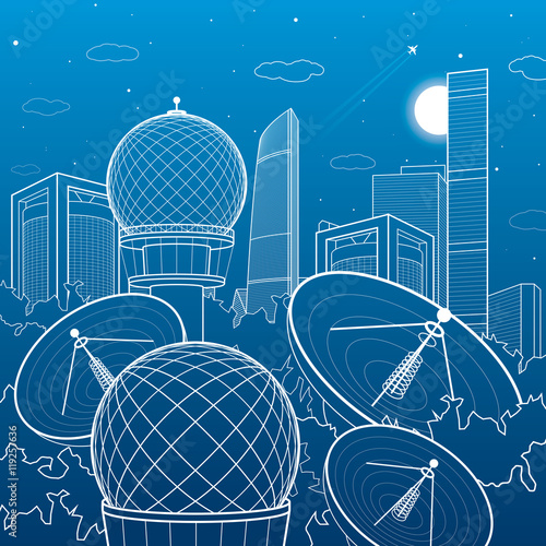 Radars in the woods, communication technology, weather station, night skyline, neon city, urban scene, vector design art
