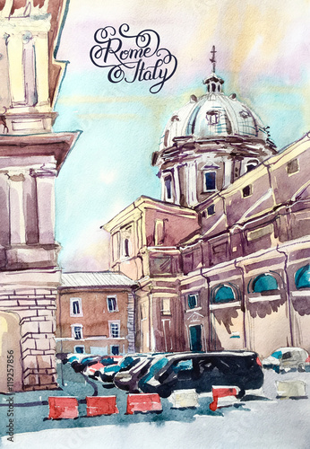 Obraz na płótnie akwarela malarstwo Rzym Włochy słynny punkt orientacyjny, stary włoski ja