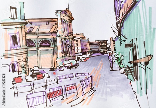 Photography marker drawing of Rome Italy street landscape, urban sketch