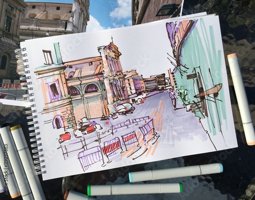 Fotografie marker drawing of Rome Italy street landscape, urban sketch