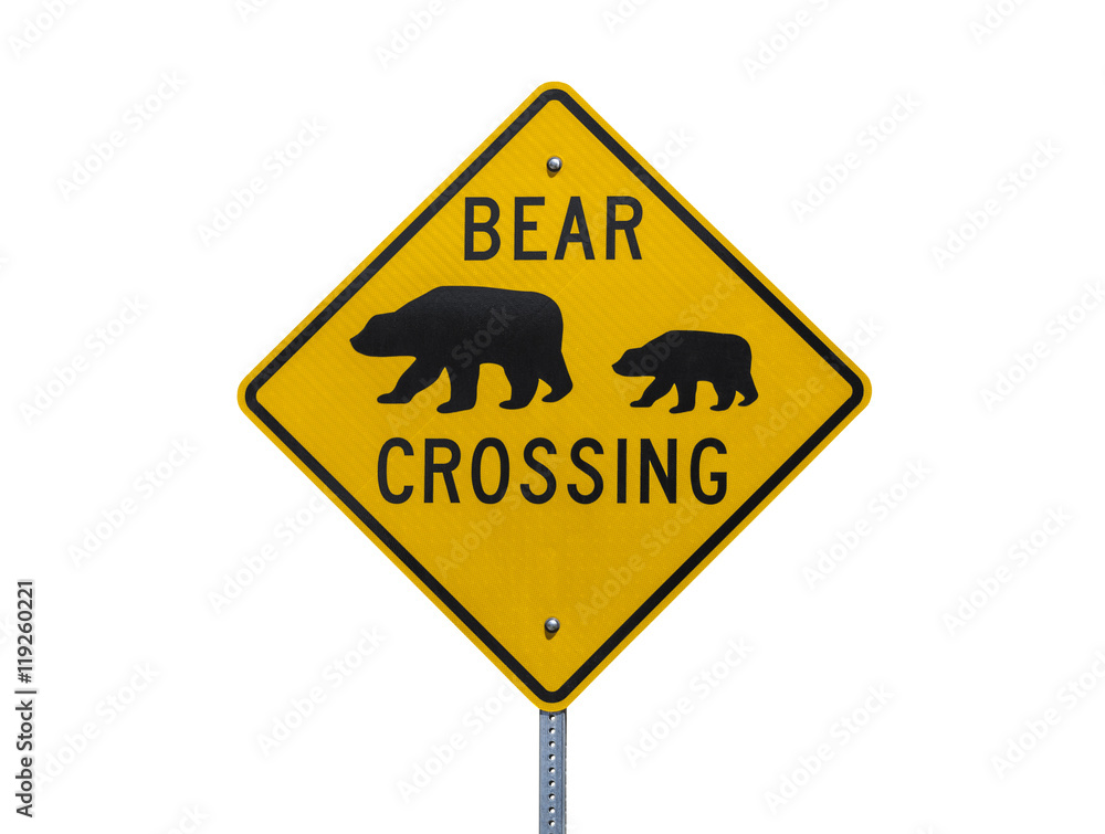 Fototapeta premium Bear Crossing Highway Sign Isolated on White