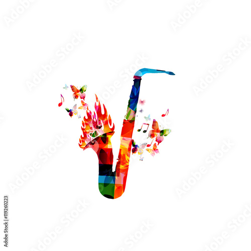 Creative music concept vector illustration, music instruments, saxophone with fire flames, flower ornamented elements. Design for poster, card, brochure, flyer, concert, jjazz festival, music shop