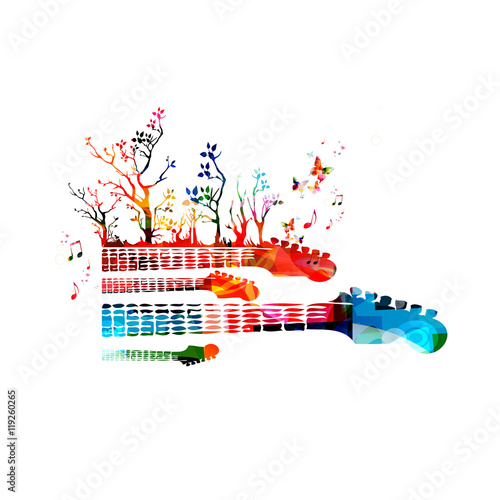 Creative music concept vector illustration, colorful instruments, guitar fretboards with trees and butterflies. Design for poster, card, brochure, flyer, concert, music festival, music shop  