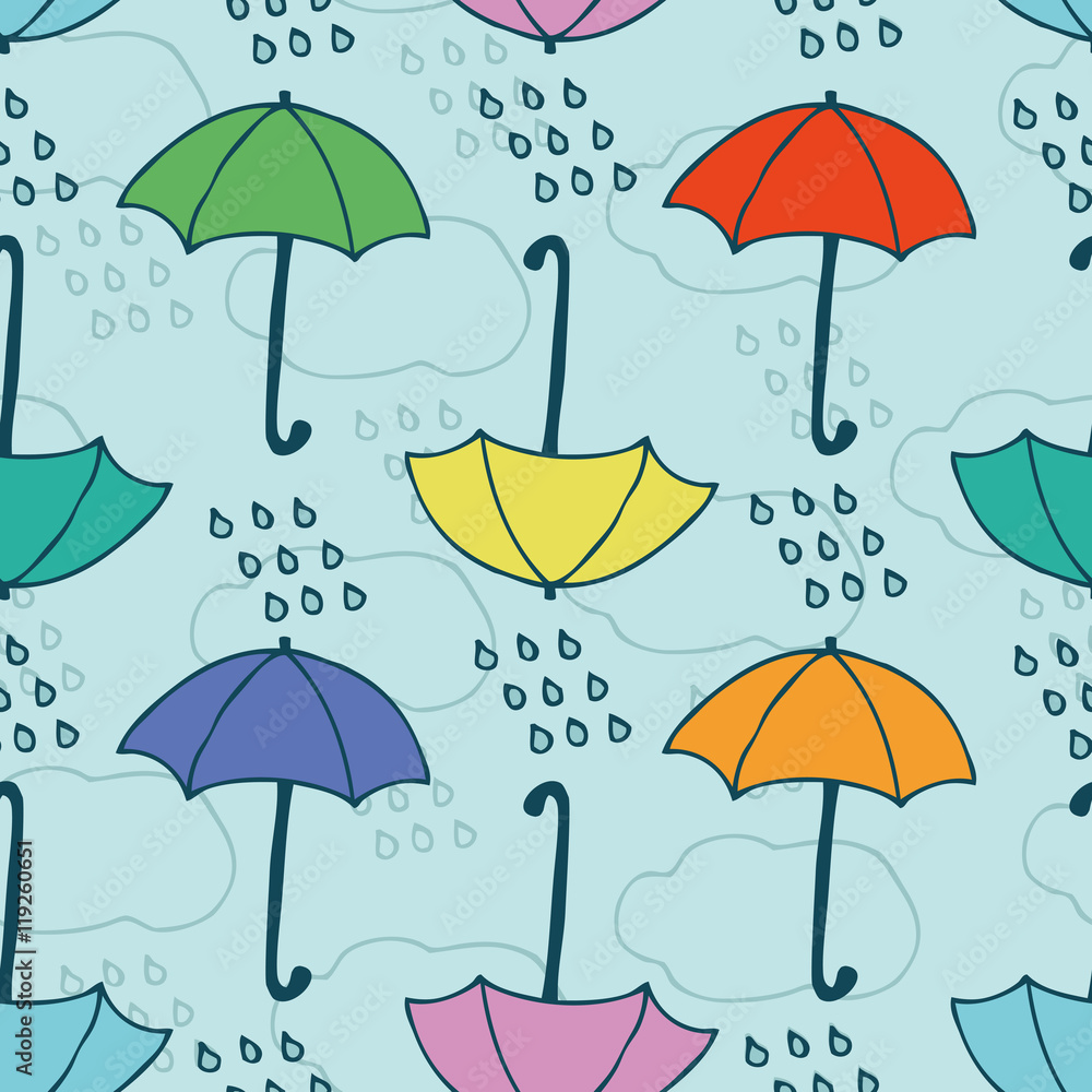 Seamless Vector Pattern with Rain and Umbrellas