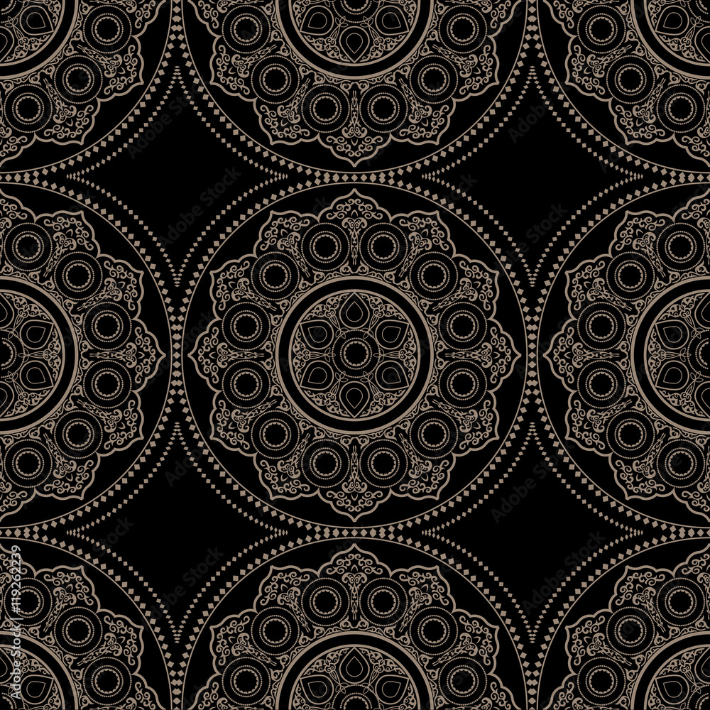 Ethnic delicate seamless pattern with Mandala on black - Round Ornament Ethnic delicate seamless pattern with Mandala on black - Round Ornament