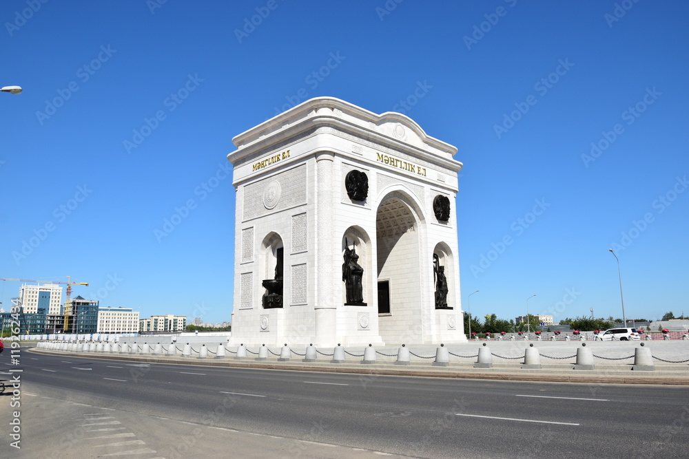 Triumphal arch called MANGILIK EL (Eternal nation) in Astana, capital of Kazakhstan