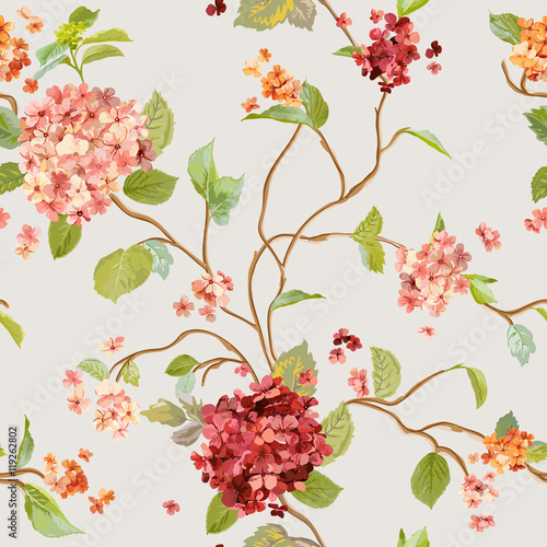 Quadro su tela Vintage Flowers - Floral Hortensia Background - Seamless Pattern