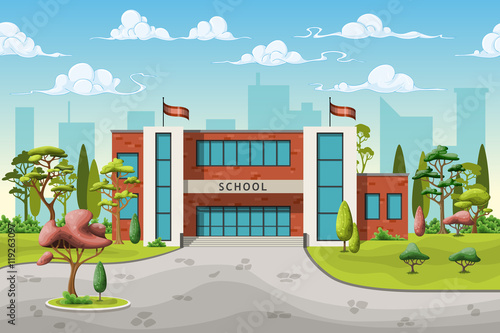 Illustration of a school building in cartoon style