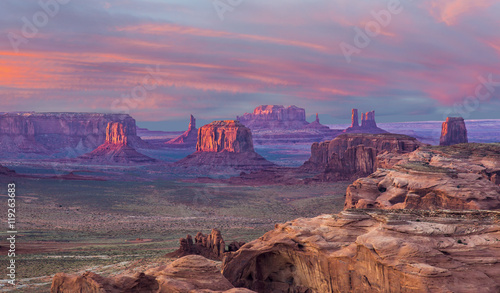 Hunts Mesa Sunset - Hunts Mesa is a rock formation located in Monument Valley, south of the border between Utah and Arizona and west of the border between Arizona's Navajo County and Apache County.
 photo