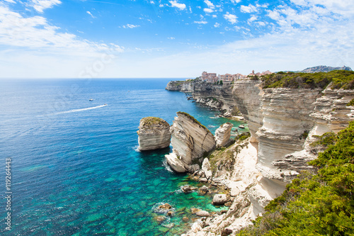 View of Bonifacio old town built on top of cliff rocks, Corsica photo