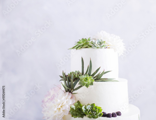 Elegant wedding cake with flowers and succulents