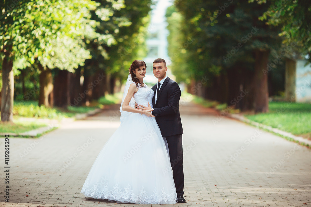 beautiful wedding couple. The bride and groom in wedding day walking outdoors in spring nature. Bridal couple Newlywed happy woman and man embracing a green park. beautiful wedding couple. The bride and groom in wedding day walking outdoors in spring nature. Bridal couple Newlywed happy woman and man embracing a green park.