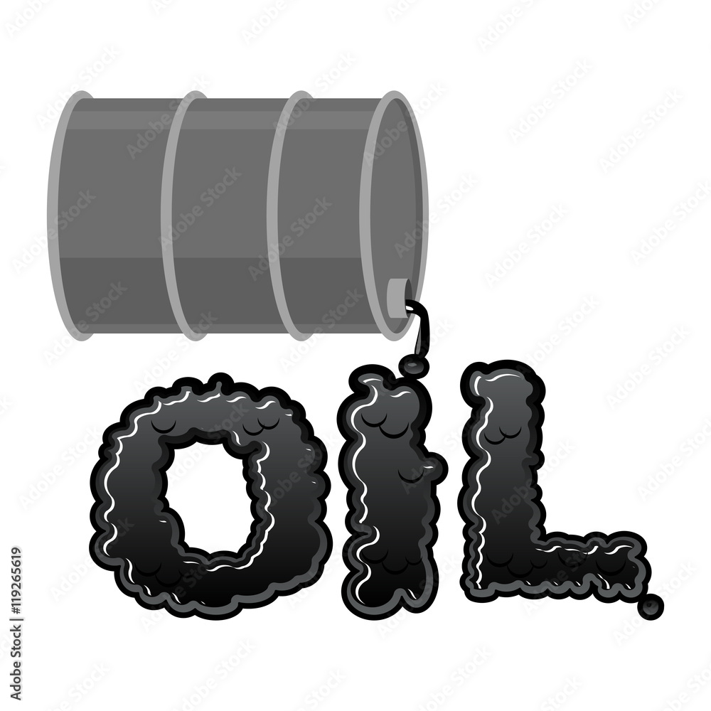 Oil lettring. Liquid black letters and barrel of petroleum. flow