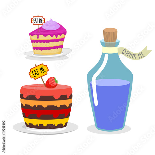 Eat me cake. Drink Me potion. Set meal for Alice in Wonderland.