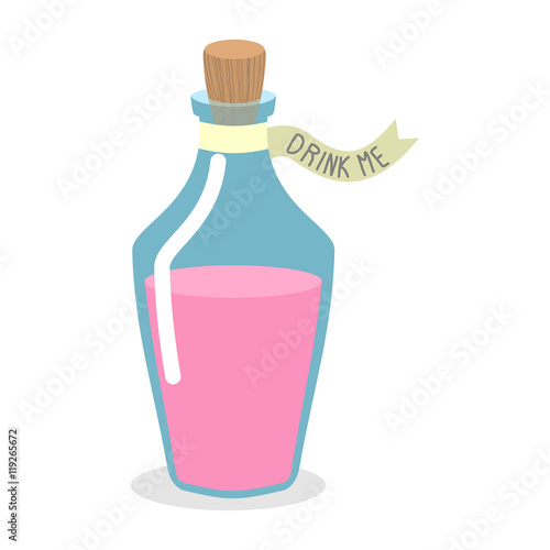 Drink Me potion. Pinc Magic elixir in bottle. illustration for A