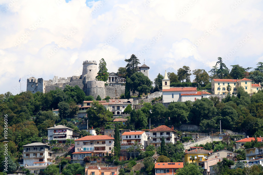 Fototapeta premium Trsat hill with medieval Trsat Castle in Rijeka, Croatia. Rijeka is selected as the European Capital of Culture for 2020.
