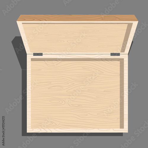 Empty open wooden box top view. Case isolated from boards. Unblo