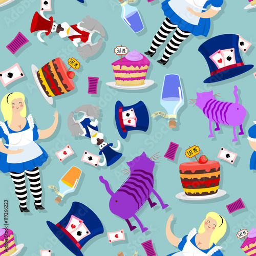 Alice in Wonderland pattern. Fat woman and Cheshire cat. Rabbit