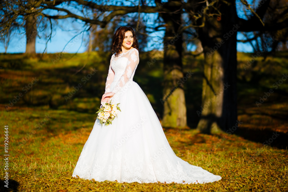 Beautiful brunette bride in a white dress with a bouquet poses outdoor