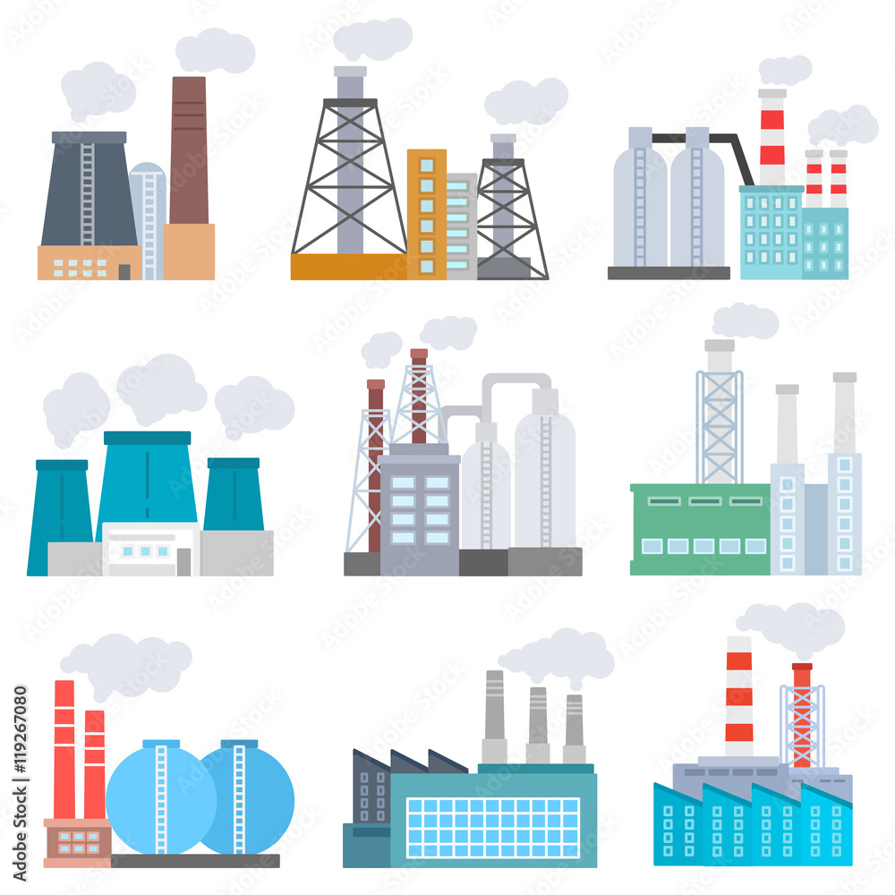 factory icons set. Industrial building collection. flat design