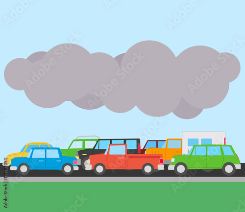 Cars on the road. traffic jam. Motorway with cars. cars and a cloud of smoke. environmental pollution vector illustration