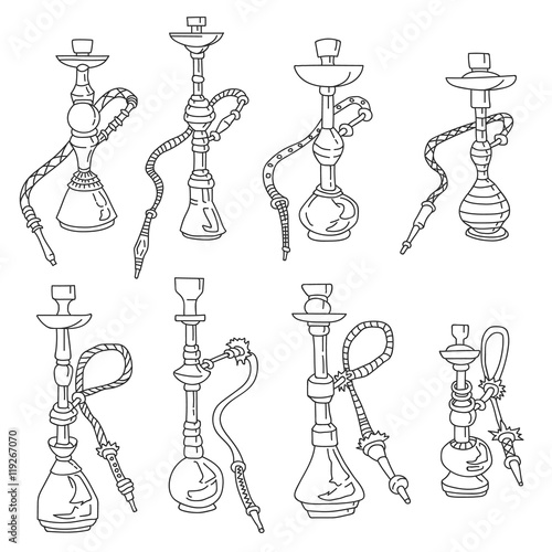 hookah hand drawn set. Shisha with smoking pipe vector illustration
