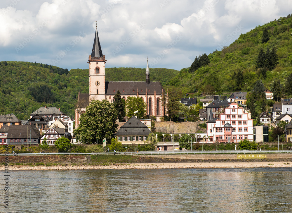 View from the River Rhine of the village of Lorch in the famous Rhine Gorge north of Rudesheim, Germany