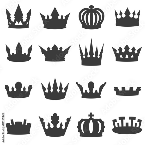 Crown icons set. Crown icons set of different shapes. flat design. Collection of the Iron crown of the rulers with jewels