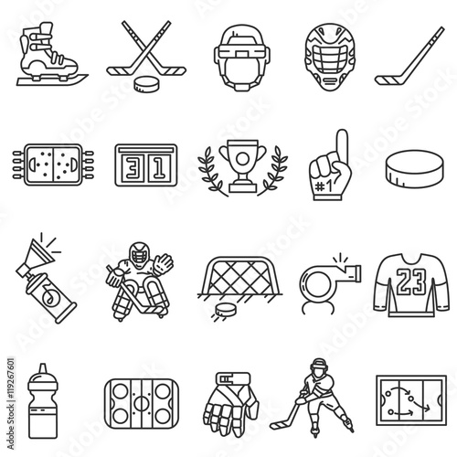 Hockey icons set. Thin line design