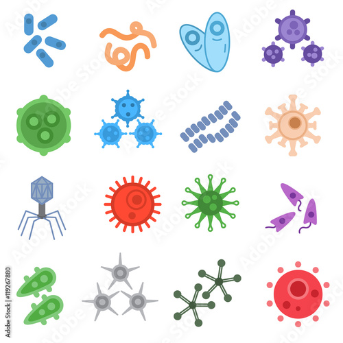 Virus and bacteria icons set. microorganism collection. flat design