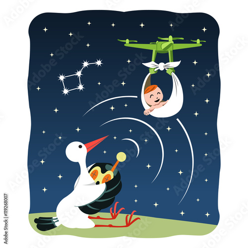 Stork carrying baby with quadrocopter