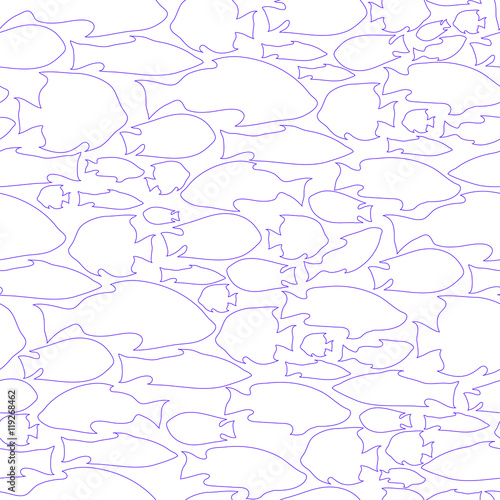 vector pattern with the image of silhouettes of fishes on a white background . dark purple loop, line