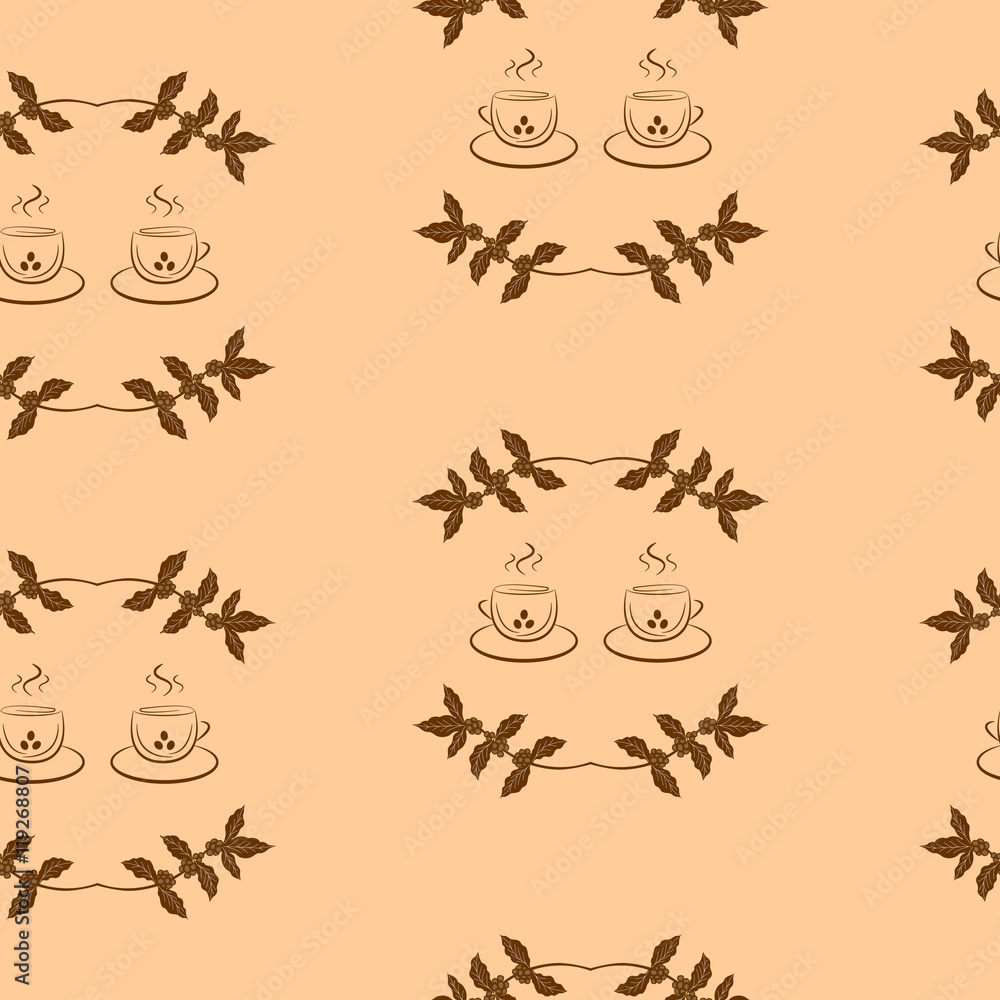 coffee background with branch of coffee and coffee cups. Hand drawn illustration in sketch style. Menu design for cafe and restaurant. Seamless pattern. coffee background with branch of coffee and coffee cups. Hand drawn illustration in sketch style. Menu design for cafe and restaurant. Seamless pattern.