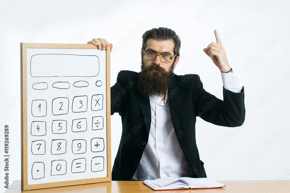 bearded man professor glasses with calculator bearded man professor glasses with calculator