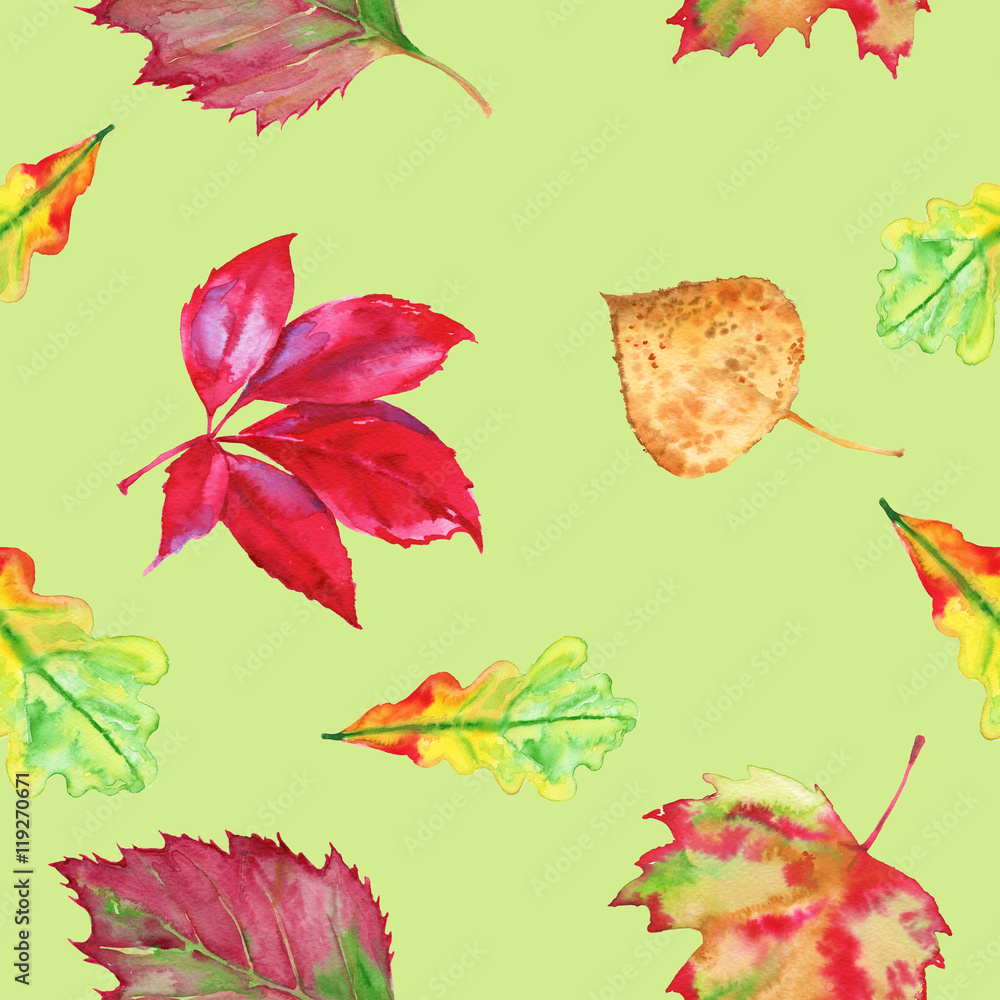 Fototapeta premium The background of autumn leaves. Seamless pattern. Watercolor illustration.