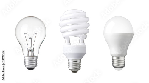 evolution of Light bulb. tungsten bulb, fluorescent bulb and LED photo