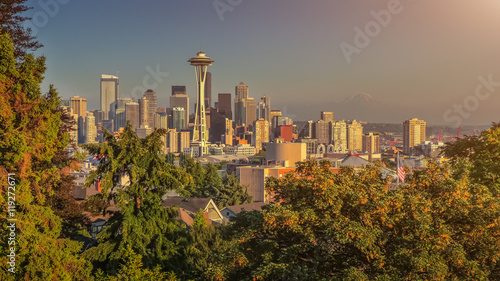 Seattle skyline panorama at sunset  Washington State  USA