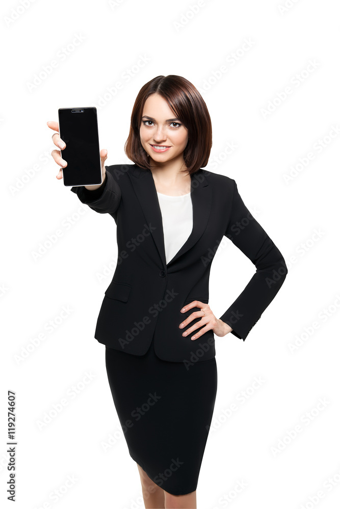 Business woman show mobile cell phone display Business woman show mobile cell phone display