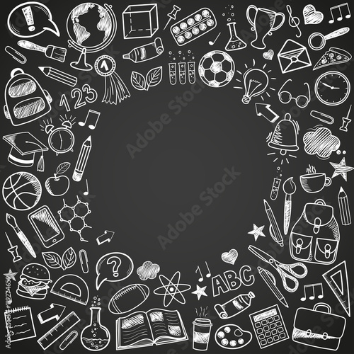 Back to School - sketch doodle set. Various hand-drawn school items arranged as frame on a background blackboard. Vector illustration