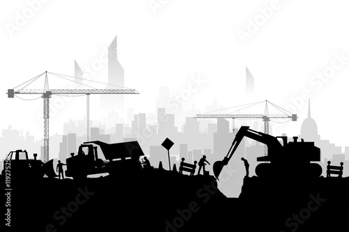construction vehicles silhoette city