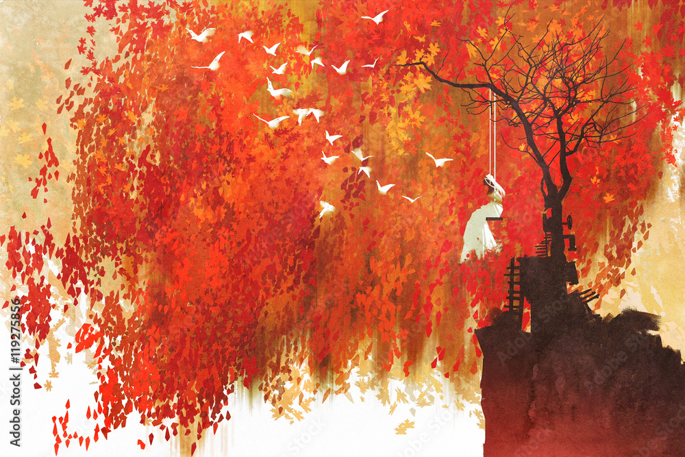Naklejka premium woman on a swing under autumn tree,illustration painting