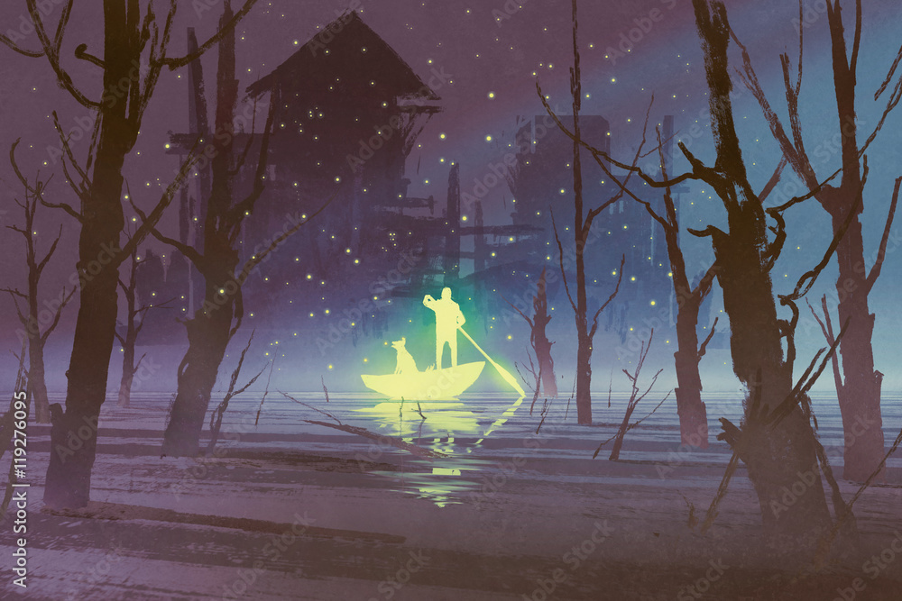 Fototapeta premium glowing man and dog rowing boat in river at night,illustration painting