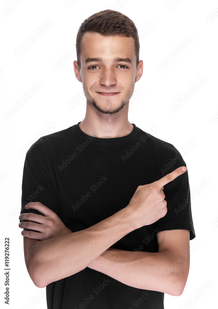 Man points to an empty space. Man points to an empty space.